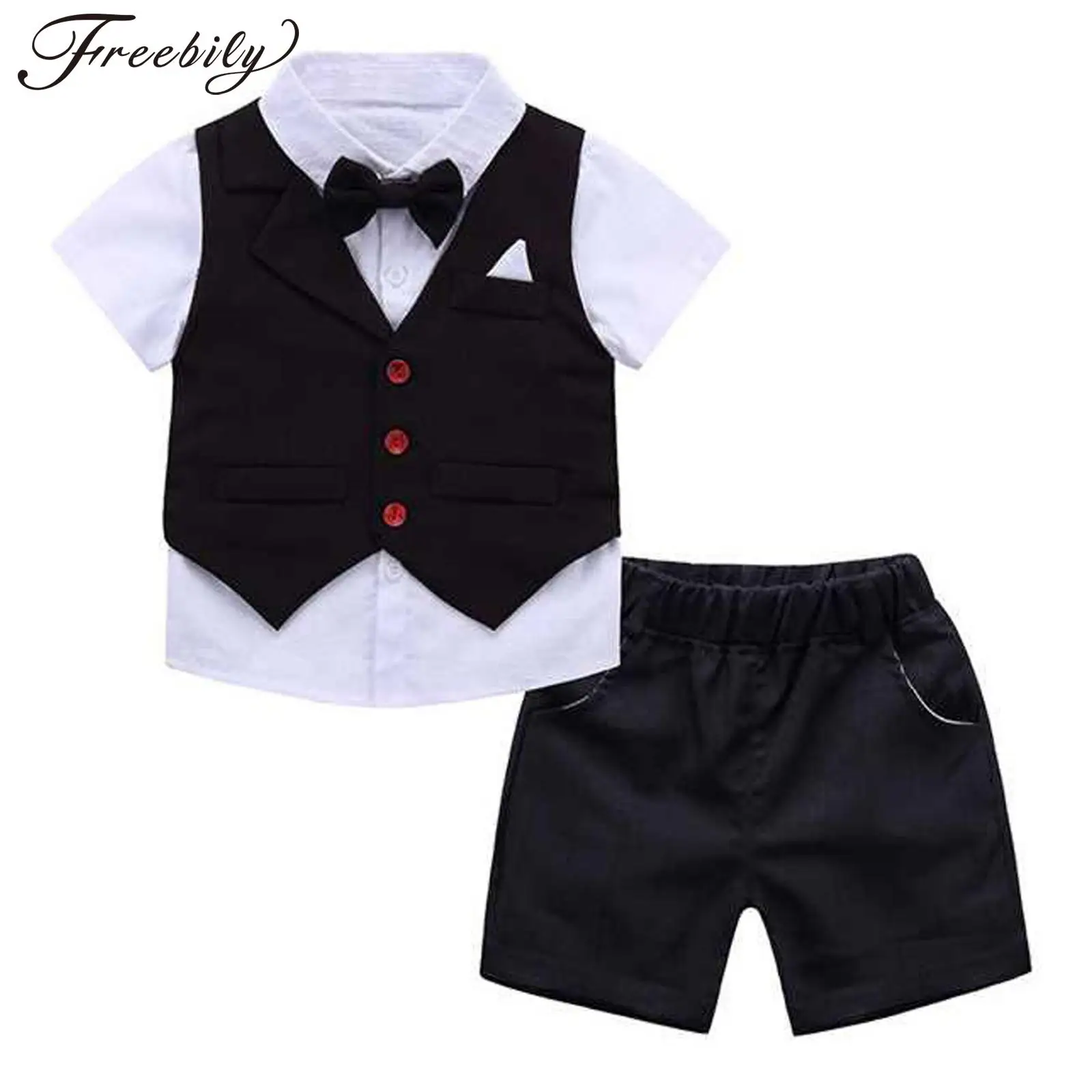 

Gentleman Clothes for Baby Boys British Style Split Suit Short Sleeve Shirt with Bow Tie Vest Elastic Waistband Shorts for Kids