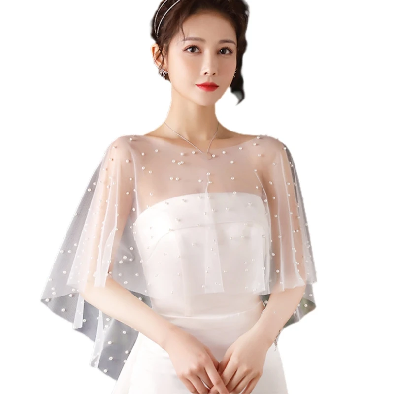 

Womens Faux Pearls Beading Shawl Wrap Shrug Bridal Soft Sheer Capelet Wedding Dress shawl Cover Up