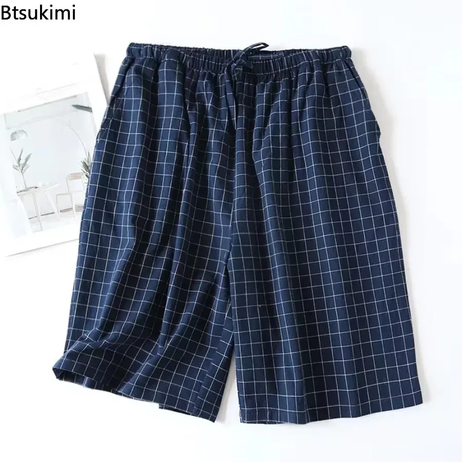 Mens Sleep Shorts Pajama Pants 2025 Men's Sleepwear Plaid Design Cotton Casual Loose Double-layer Home Bottoms