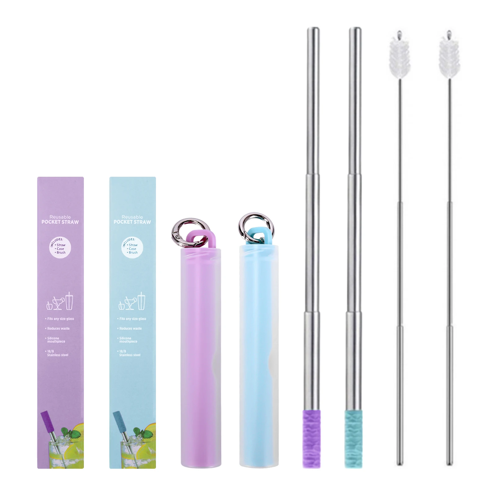 Eco-Friendly Reusable Retractable Straw Set with Portable Cleaning Brush and Keychain Holder