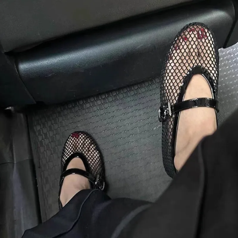 Women Sandals Black Sandals Women Flats Mesh Summer Fashion Shallow Shoes Beach Dress Designer Trend Shoes Outdoor Walking Female