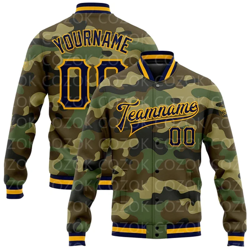 Custom Camouflage Yellow Color 3D Printed Baseball Button Jacket Bomber Full-Snap Varsity Letterman Jacket