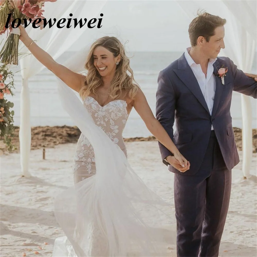 Boho Mermaid Sweetheart Wedding Dresses Sexy Backless Bride Gown Lace Appliques Sweep Train Bridal Gowns Robe de Mariée 2