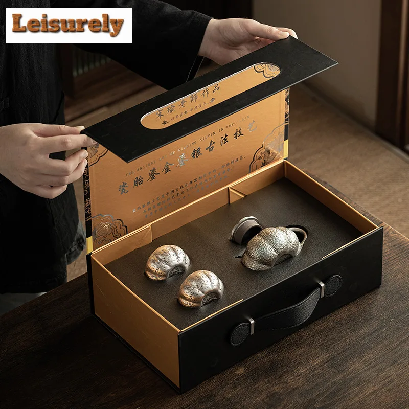 Boutique Gilded Silver Pumpkin Tea Set Complete Set Tea Ceremony Set Teapot And Tea Cup Set Chinese Tea Set Decoration Gift Box