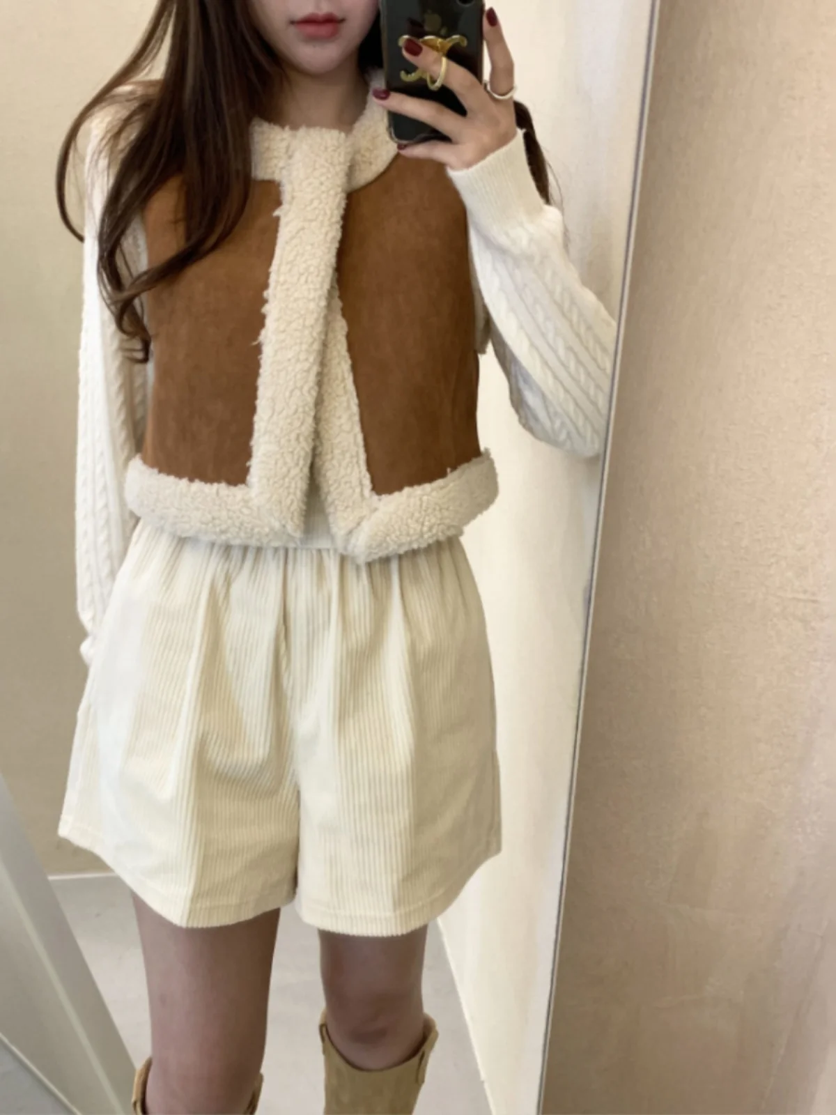 Women's ort Lamb Fur Spliced Suede Vest Jaet Double-Sided Wear Winter Faion Thiened round Ne No-Cuff  Color