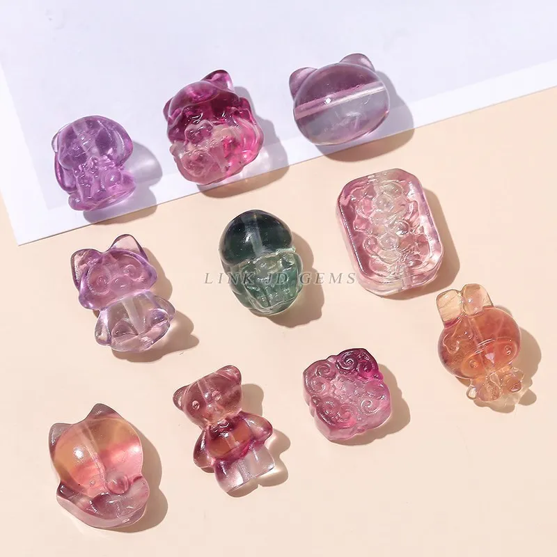 10Pcs/lot Natural Fluorite Crystal Carved Animals Shape Wealth Square Flower Lucky Pixiu Cute Bead With Hole For Jewelry Making 2