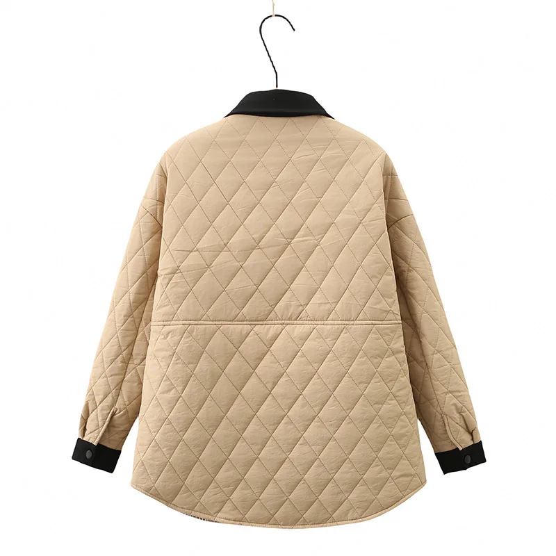 Womens Plus Size Winter Parkas Casual Clothing Block Color Lapel Padded Jacket Warmth Drop Shoulder Design Pockets Argyle Coats