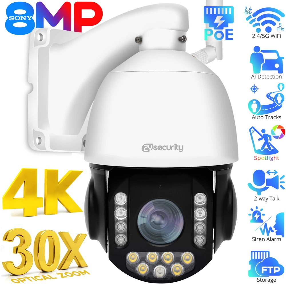 camara vigilancia wifi 8MP 4K PTZ 30X Zoom óptico exterior Humanos /  Vehículo AI Seguimiento POE Onvif Audio Speed Dome