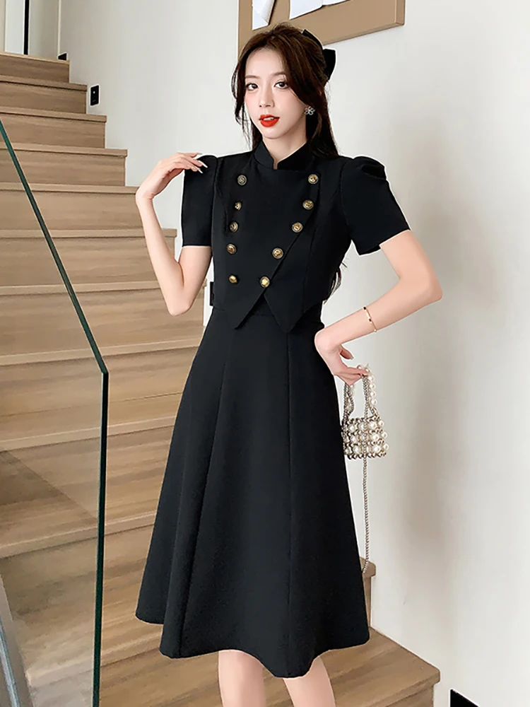 

Small Fragrant Summer Korean Puff Sleeve Double Breasted Short Jacket + High Waist Knee Length Skirt 2 Piece Sets Women Outfit