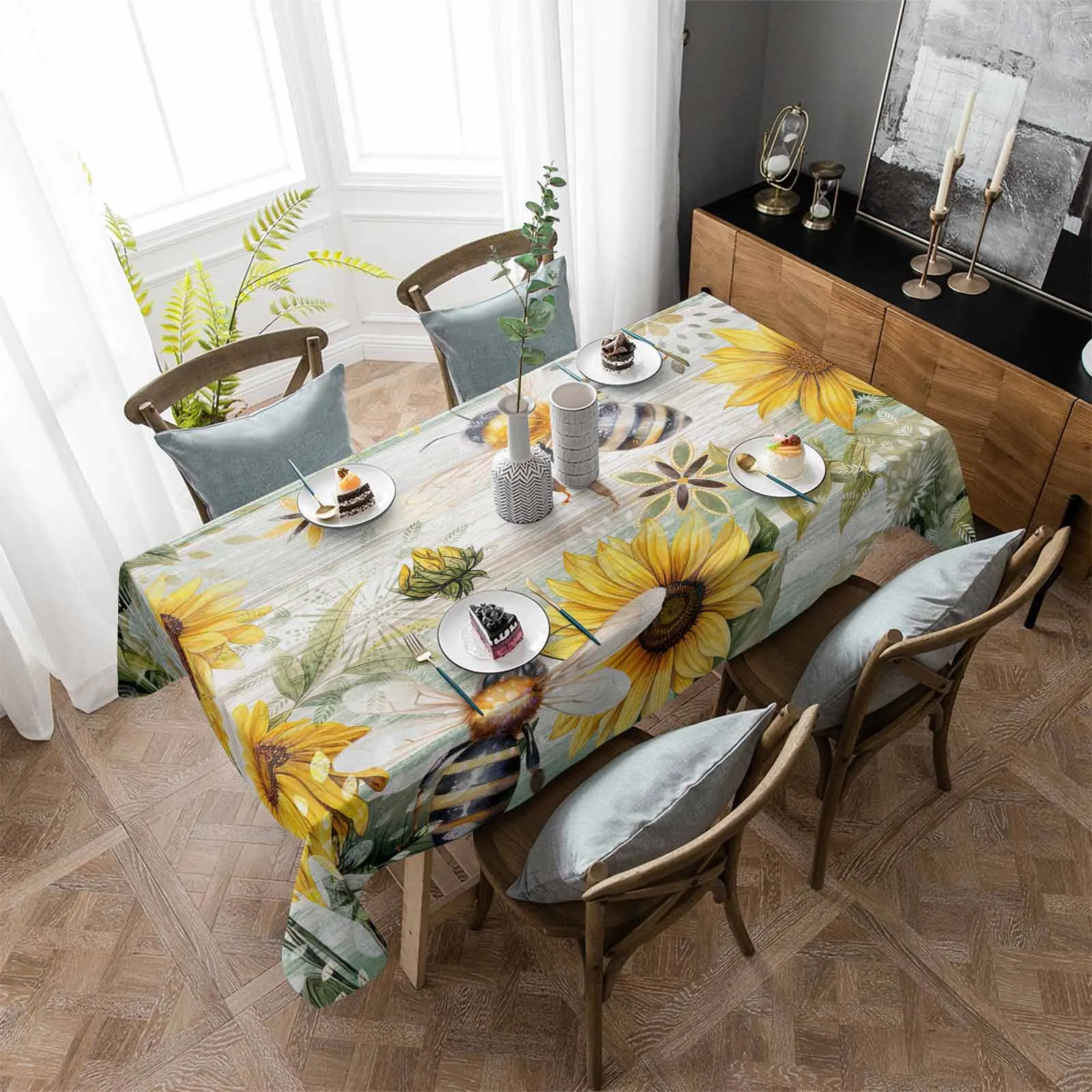 

Скатерть в стиле ретро с имитацией подсолнуха и пчелы, водонепроницаемая прямоугольная декоративная ткань для кухонного стола