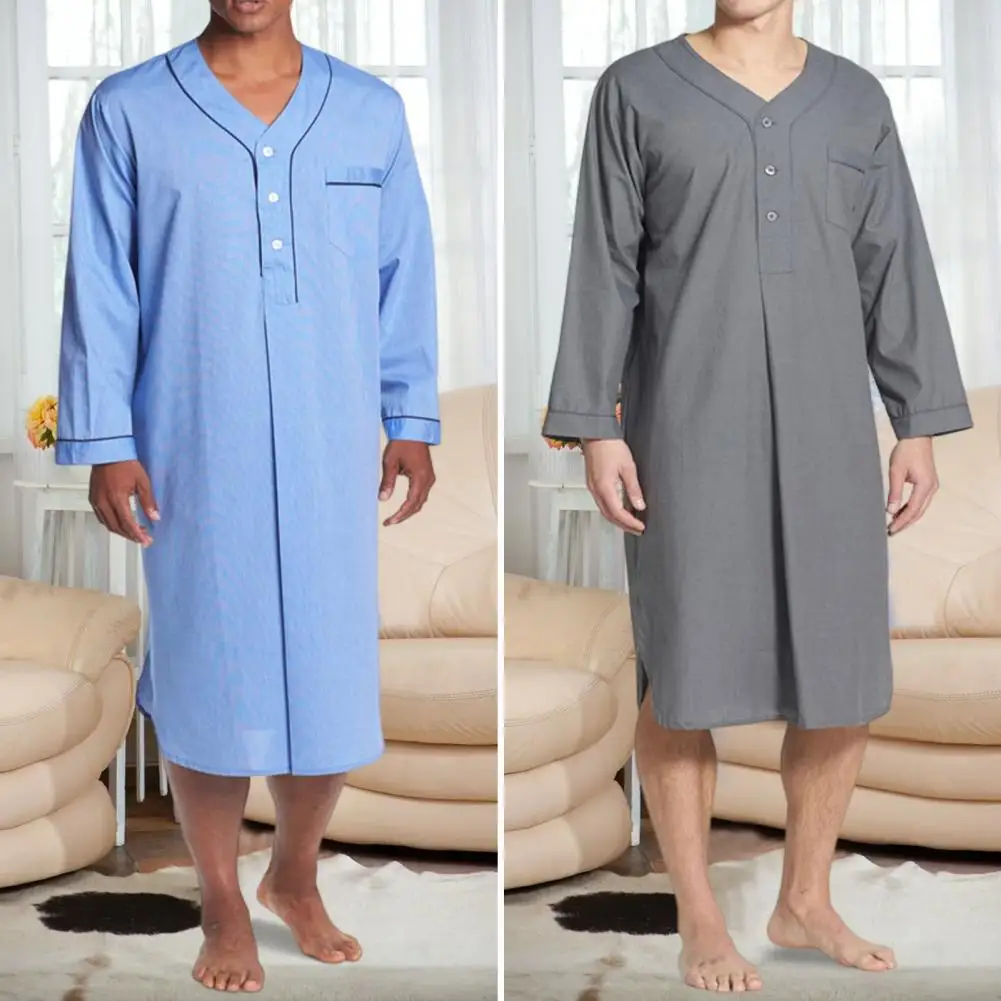 

Bathrobe Men's Knee-length Solid Color Nightrobe with V-neck Pockets Soft Breathable Sleepwear for Comfortable Nights Long