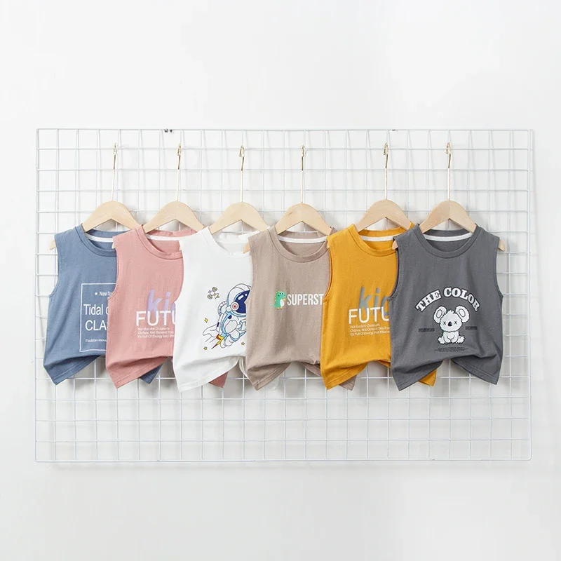 Children's Summer T-shirts Boys Girls Vests Sleeveless Cartoon Tee Tops 100% Cotton Comfortable Kids T-shirt Clothes Fashion New 2