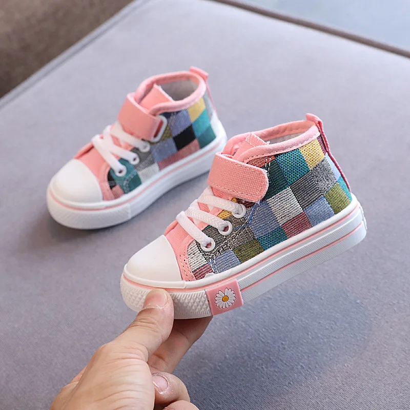 

Children Canvas Shoes 2022 Spring New Kids Fashion Britain Breathable Hook & Loop Assorted Casual Girls High-top Lattice Sneaker