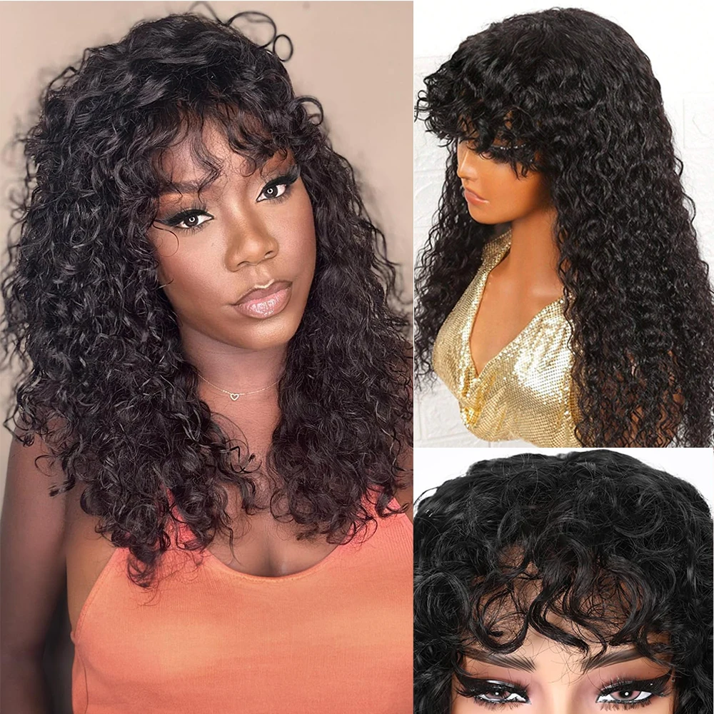 Parrucche di capelli umani ricci con frangia, parrucca brasiliana a onda d'acqua, interamente realizzata a macchina, pre-pizzicata, pronta da indossare, senza colla, per donne.