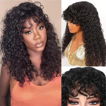 Parrucche di capelli umani ricci con frangia, parrucca brasiliana a onda d'acqua, interamente realizzata a macchina, pre-pizzicata, pronta da indossare, senza colla, per donne.