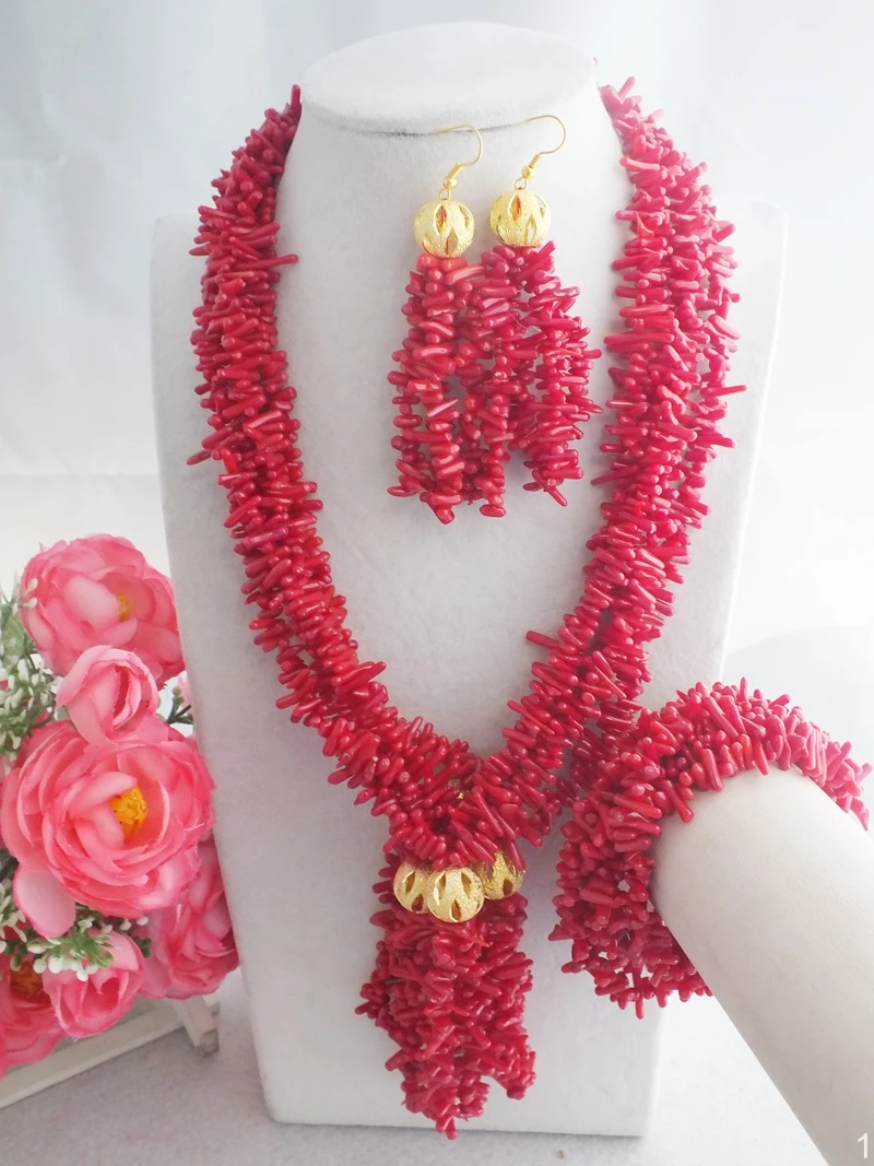 

Exquisite Red Coral Beads Jewelry Necklace For Wedding Or Party 19"