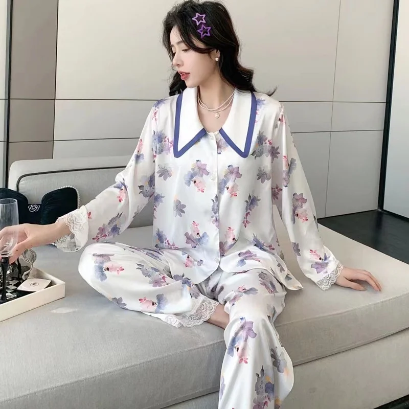 

Женская весенняя одежда для сна с длинным рукавом и тонким кружевом