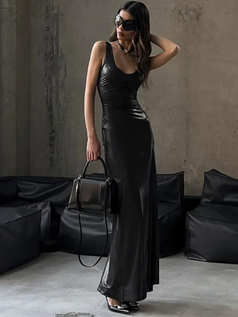 

Лидер продаж 2024, уличная одежда, женские платья, элегантное однотонное черное облегающее длинное блестящее платье без рукавов с высокой талией, женский наряд для ночного клуба