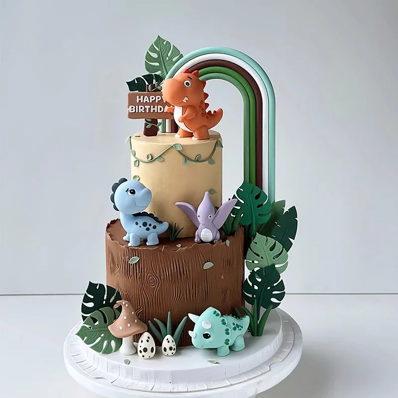 Dinosaurier-Kuchendekorationen mit Waldmotiv, Jurassic-Dinosaurierfiguren mit grünen Regenbogenschild-Toppern für Geburtstags- und Babypartys
