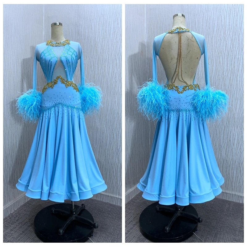 

GOODANPAR New Standard Ballroom Dance Dress Women Girls Competition Costume Sleeveless Lycra Waltz Stage Costume light blue feat