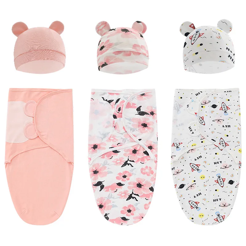 2pcs/set 06 Month Cotton Sleepsack Baby Swaddle Blanket Wrap Hat Set