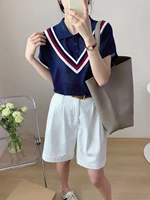 Aesthetic Splicing Baggy Women's Polo Shirts Contrast Color Summer Outfit Ice Silk Short Sleeve Female Tee Lapel Button T-shirts - Image 3