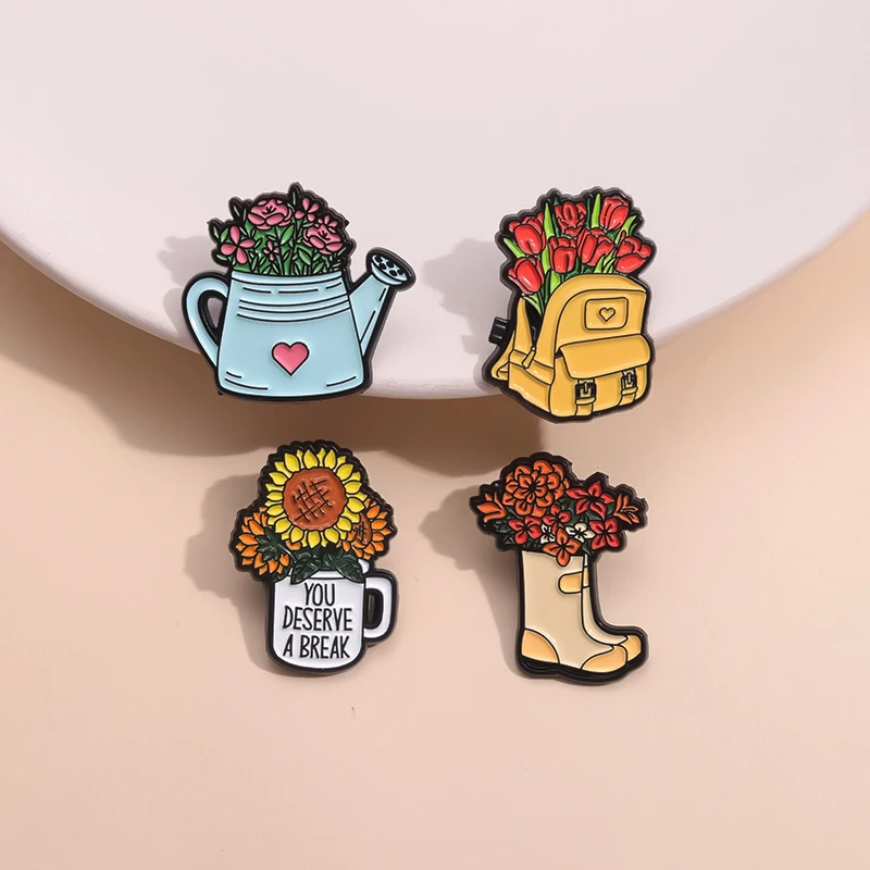 

You Deserve A Break Enamel Pin Flowers Backpack Bicycle Watering Can Shoes Lapel For Backpack Badge Cartoon Brooch Party Jewelry