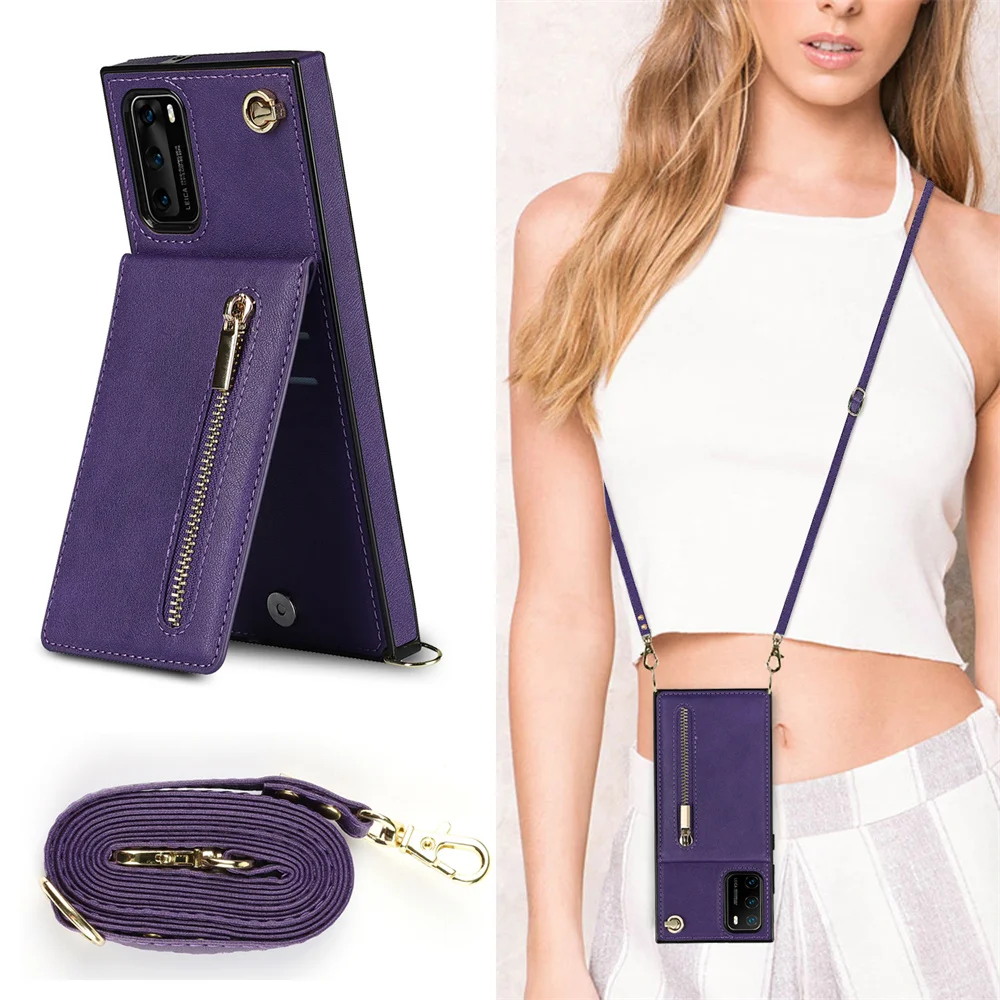 

Crossbody Zipper Pocket Card Holder Square Case for Huawei P30 P30Pro P30Lite P40 Pro Plus Neck Strap Shoulder Bag Cover