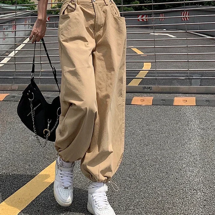 Women Y2K Khaki Adjustable Waist Oversized Cargo Pants Loose  Fashion New Drawstring 90s Long Pant Fall Hip Hop Streetwear