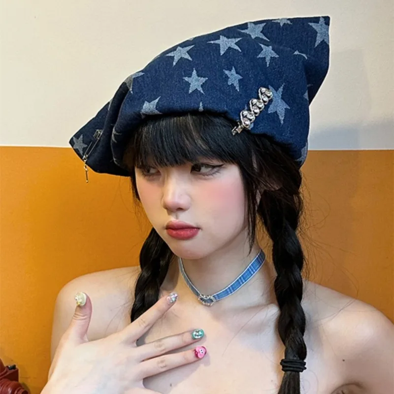 Japanese Y2k Niche Original Personalized Bag Head Hat Spring and Summer Women's Denim Star Cat Ear Pin Decorative Beanie Cap 4