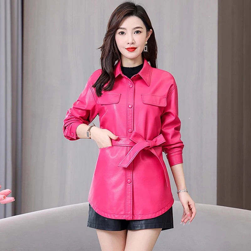 New Women Shirt Style Leather Jacket Spring Autumn Fashion Casual Turn-down Collar Lace-up Slim Leather Coat Split Leather fashion leather jackets men pu leather coat men autumn winter motorcycle jacket men casual slim fit turn down collar male jacket