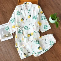 2025 new seven-sleeve Japanese-style kimono pajamas set female spring and autumn 100% cotton gauze home clothes cute sweet two-p - Image 3
