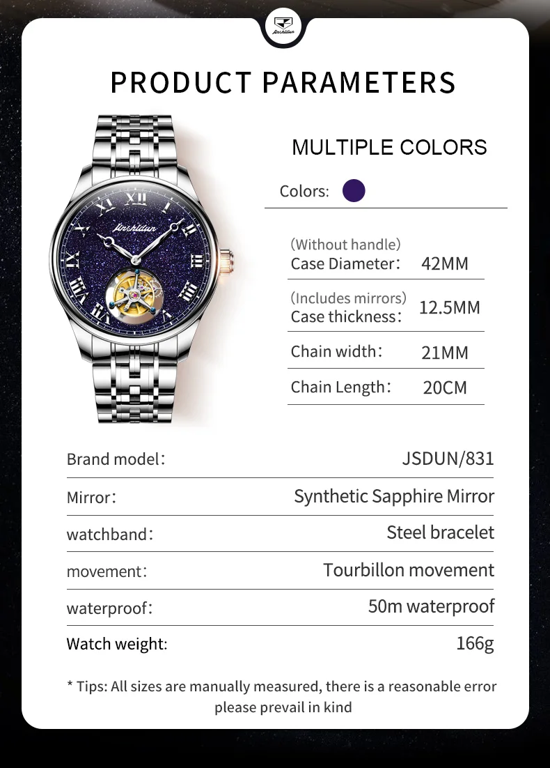 JSDUN 831 Men's Watch Starry Sky Hollow Skeleton Deep Waterproof Watch For Men Original Tourbillon Mechanical Man Wristwatch