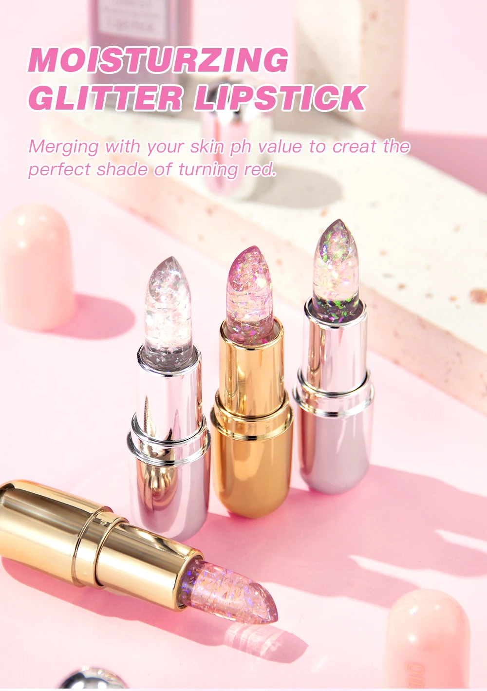 Description Picture 4 of itemQIBEST Shining Jelly Lipstick Color Change With Temperature Lip Stick Hydrating Moisturising Lip Balm Glitter Lipstick Cosmetics