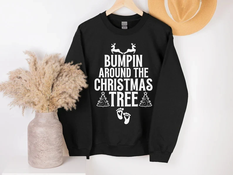 Around the Christmas Pregnancy Announcement, Pregnancy Reveal Crewneck Print Sweatshirt Women Sudadera harajuku Drop Shipping earrings christmas tree glitter lantern water drop earrings in multicolor size one size