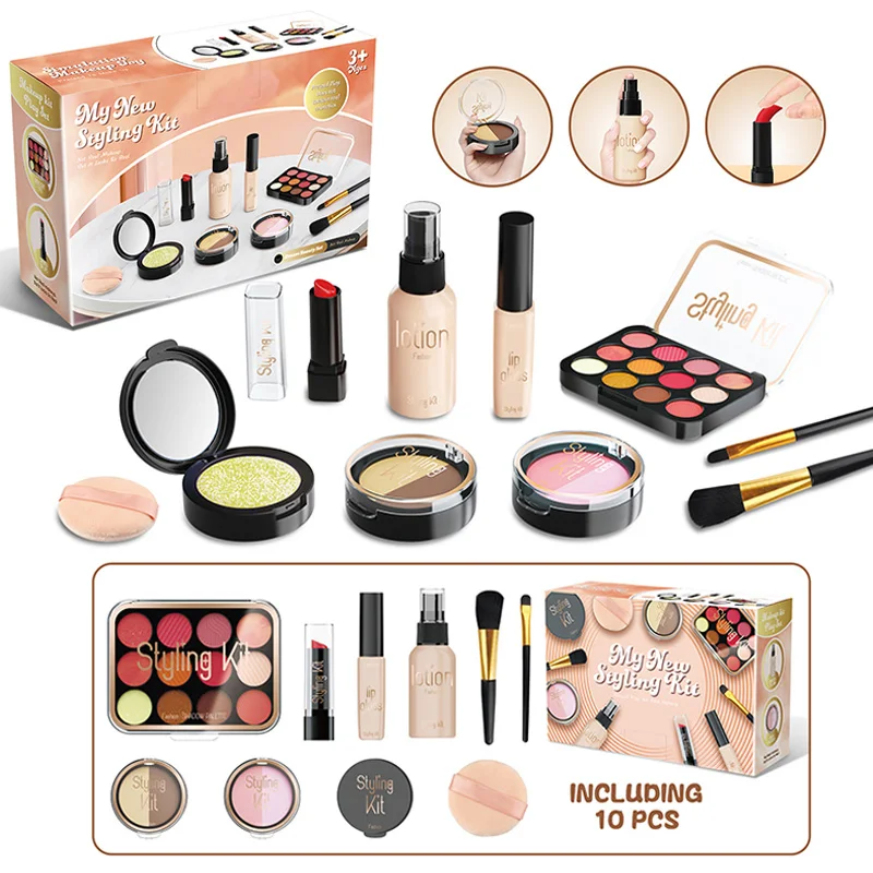 Pretend Fake Makeup Set for Toddler Girl Beauty Toy Simulation Not Real Cosmetics Eye Shadow Palette Lipstick Applicator Kid Toy