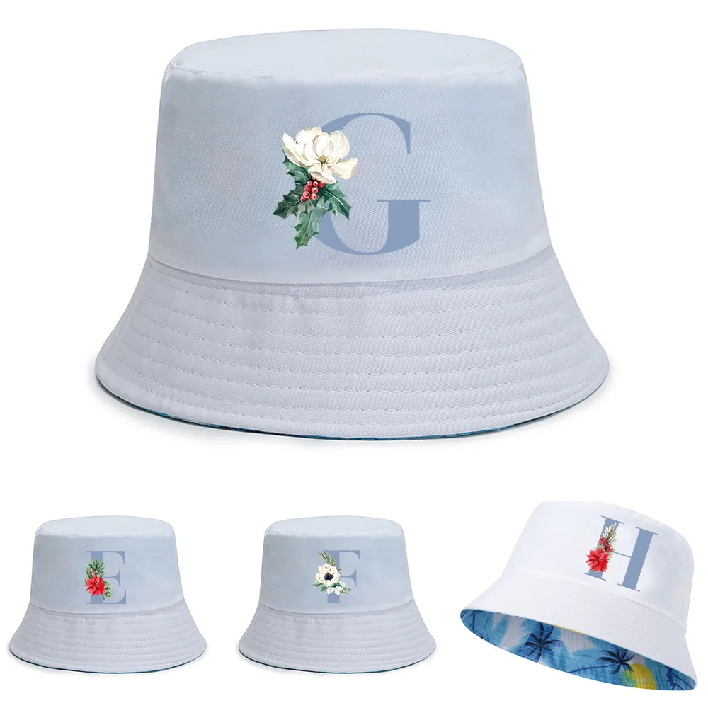 

Unisex Pure Cotton Double-sided Bucket Hats Women Summer UV-proof Visors Cap Casual Fishing Hat Blue Letter Print Fisherman Caps