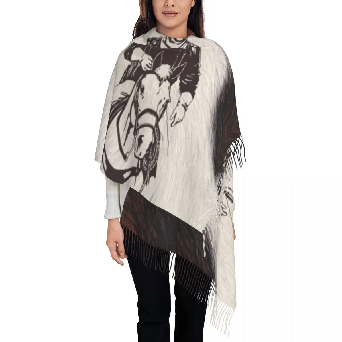 

Fashion Cowboy Horse Cowhide Cow Tassel Scarf Women Winter Warm Shawls Wraps Female Scarves