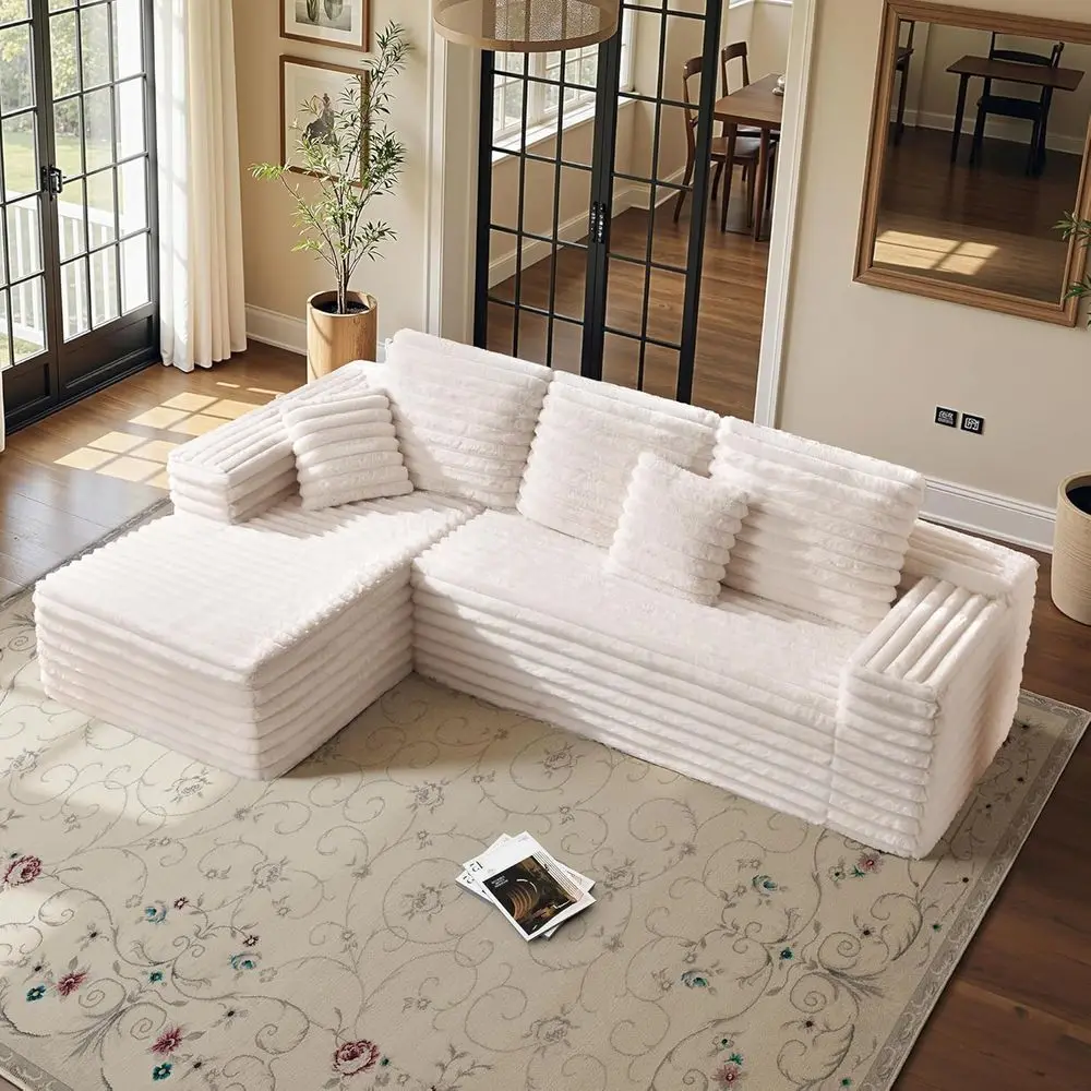 Oversized Deep Seated Cloud Sofa with Corduroy, L-Shape Sectional for Living Room, Cream