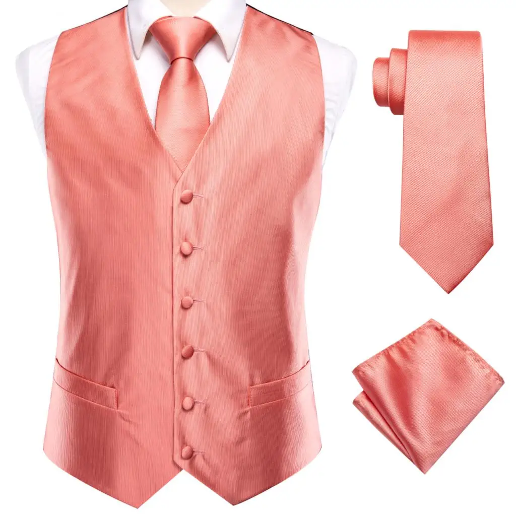 Hi-Tie Coral Pink Solid Silk Mens Slim Waistcoat Necktie Set For Suit Dress Wedding 4PCS Vest Hanky Cufflink |