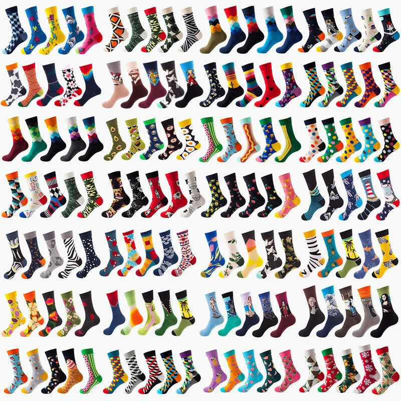 5 Pairs Neutral Cool Funny Hiphop Casual Pastel Pack Long Tube Set Men Fashion Print Harajuku Cotton Sports Running Socks
