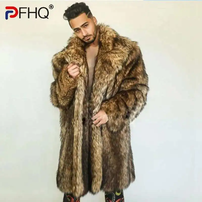 PFHQ Men's Thickened Warm Faux Fur Coat Long Camping Niche Loose