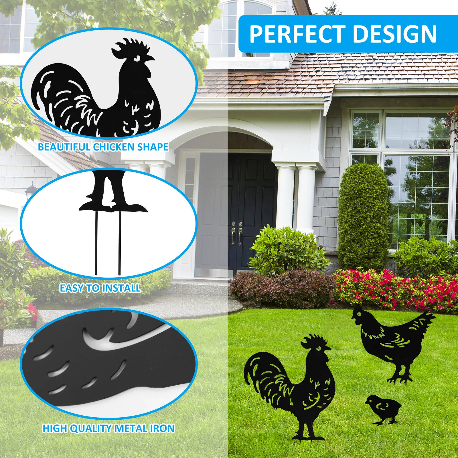 Yard Art Garden Metal Sculpture Chicken Decoration 3Pcs Creative Rooster Outline Lawn After Outdoor Hen Garden Decorated