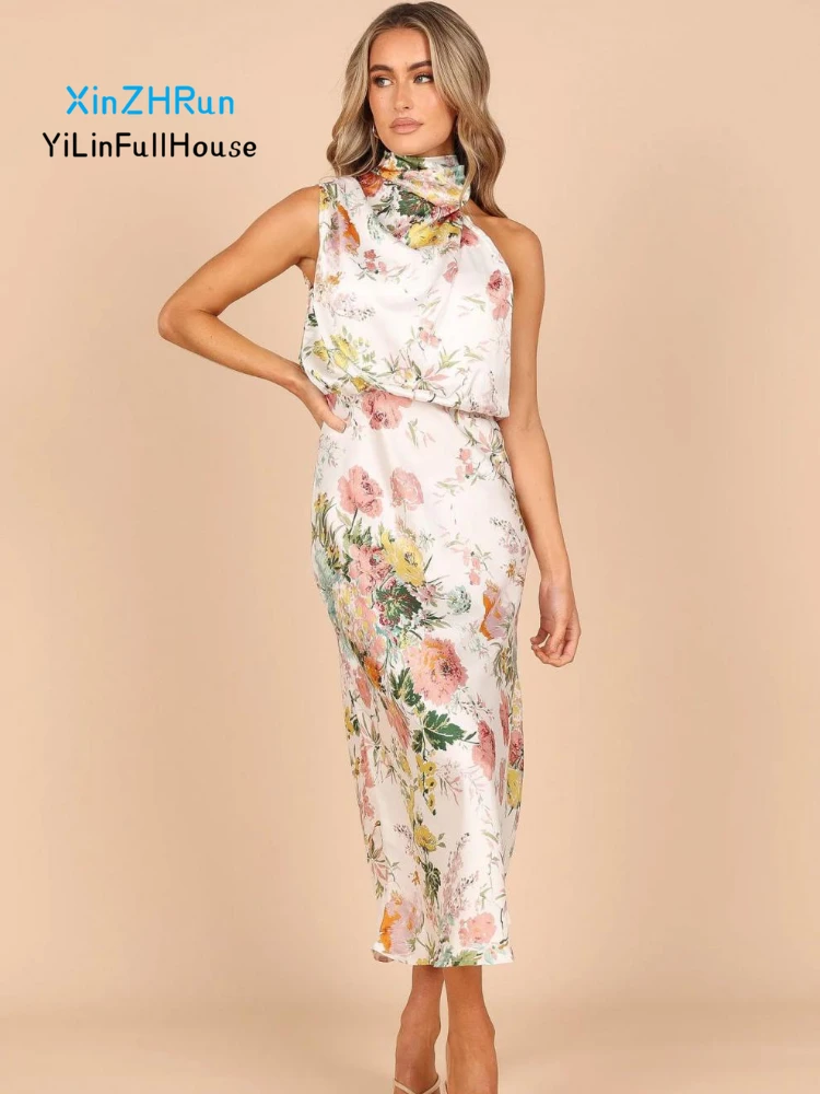 

2024 Summer New Women Fashion Sexy Half High Neck Sleeveless Hanging Neck Womens Printed High Waist Slim Fit Elegant Party Dress