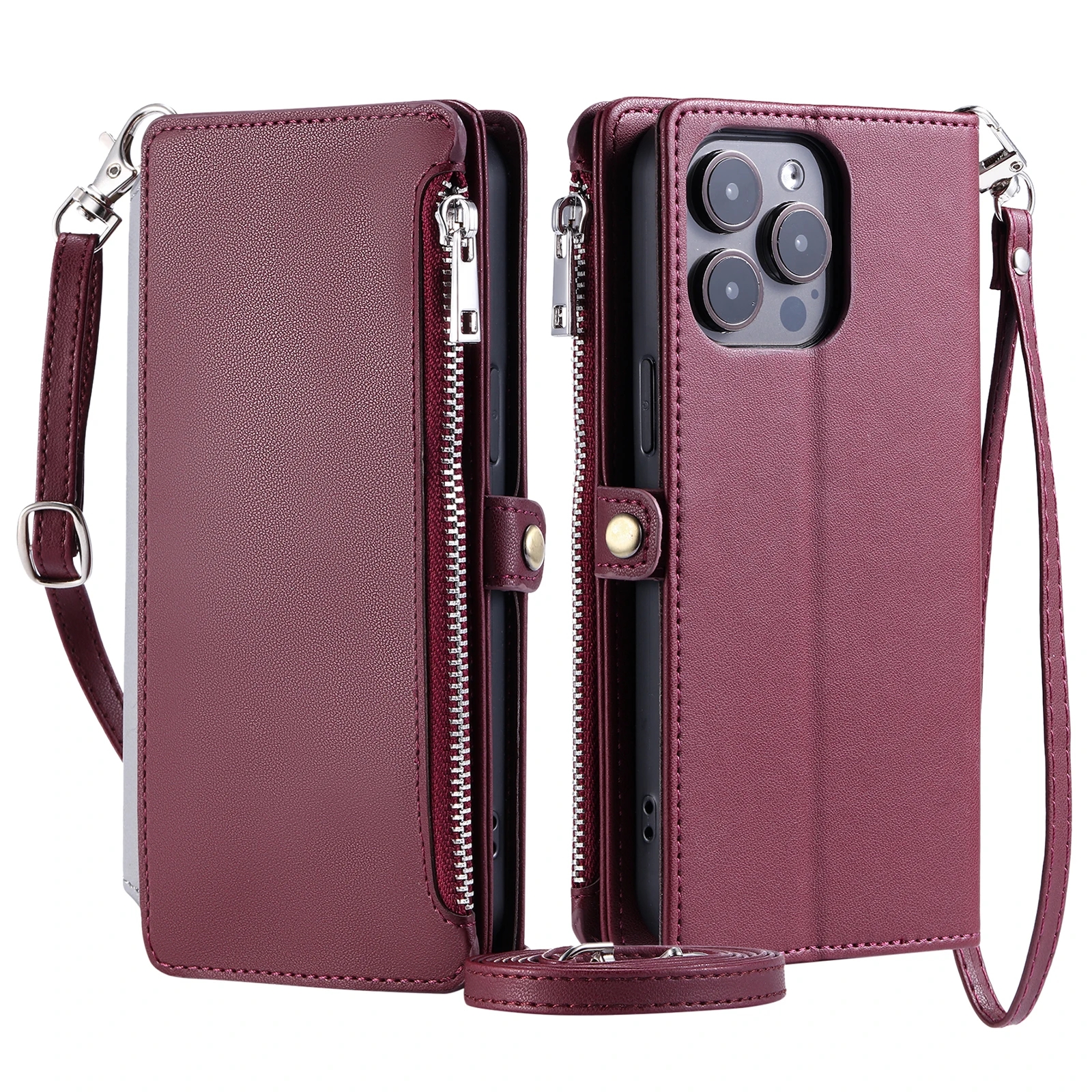 Crossbody Zipper Wallet Case with Multi Card Slots and Leather Lanyard Flip Cover