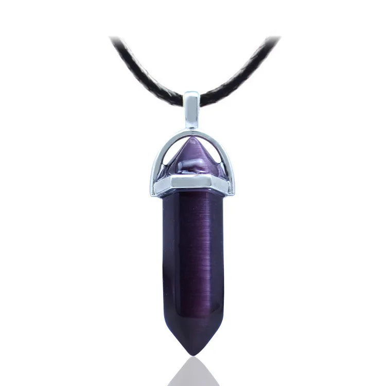 Natural Crystal Bullet Hexagonal Opal Cat's Eye Pendant PU Chain Necklace For Women Jewelry