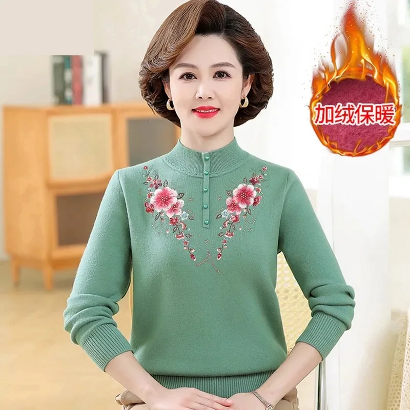 

Middle Aged Women Sweater Pullover New Autumn Winter Long Sleeved Velvet Warm Knitted Sweater Bottom Shirt Female Jumper Tops