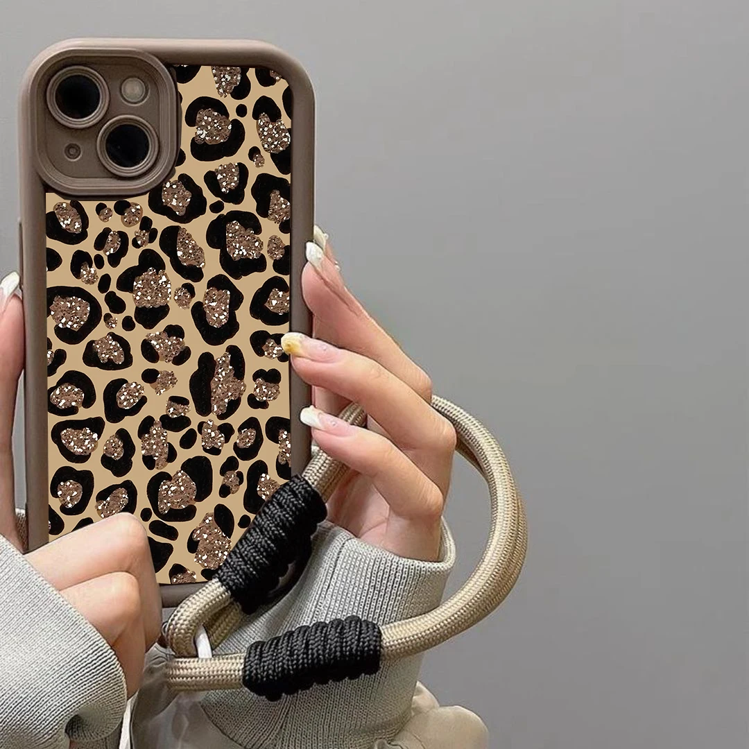 Brown Leopard Print Silicone Wrist Lanyard Phone Case