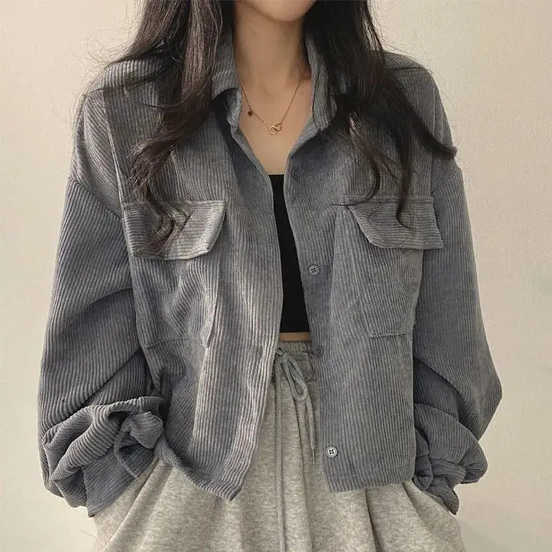 

Hot Sale Corduroy Cropped Women Jackets Oversized Harajuku Vintage Streetwear Cool Chic Black Coat Korean Fashion Female Loose