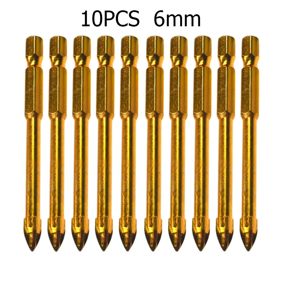 10pcs 6/8mm Drill Bit Titanium Ceramic Tile Marble Glass Spear Head Hex Shank Workshop Equipment Power Tools Parts Drill Bits